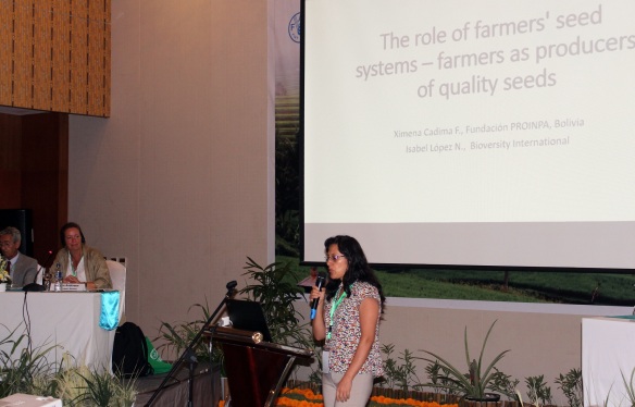 Ximena Cadima, from Fundación PROINPA, Bolivia presenting her work on defining and identifying farmers who are good producers of native and traditional seed varieties and putting into place incentives for these farmers to continue operating at the Farmers Rights Consultation. Credit: R. Vernooy/Bioversity Interantional.